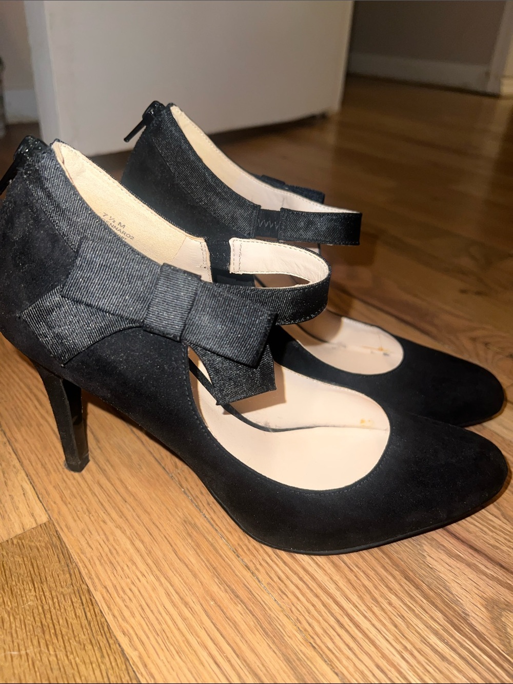 Nine West Black Suede Mary Jane Heels with Ankle Bow Size 7.5 - Picture 2 of 9